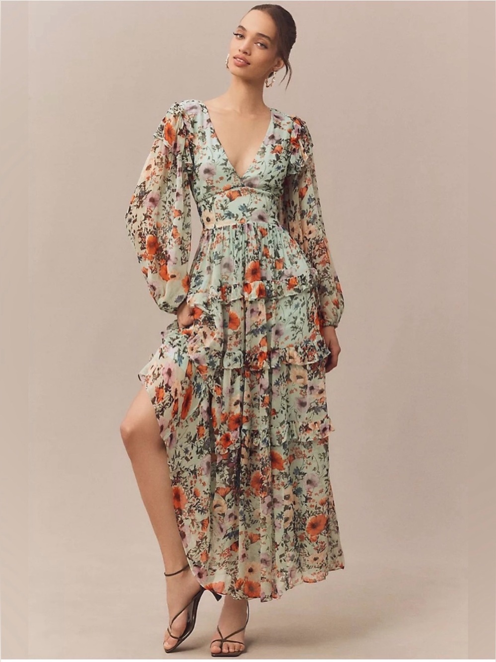 Anthropologie BHLDN Floral Chiffon Plunge Long Sleeve Ruffle Maxi Dress Sz Small